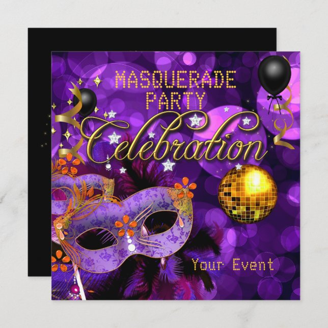 MASQUERADE Purple Gold Dance Party Disco Ball Invitation (Front/Back)