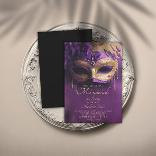 Masquerade Purple Gold Venetian Mask 50th Birthday Invitation