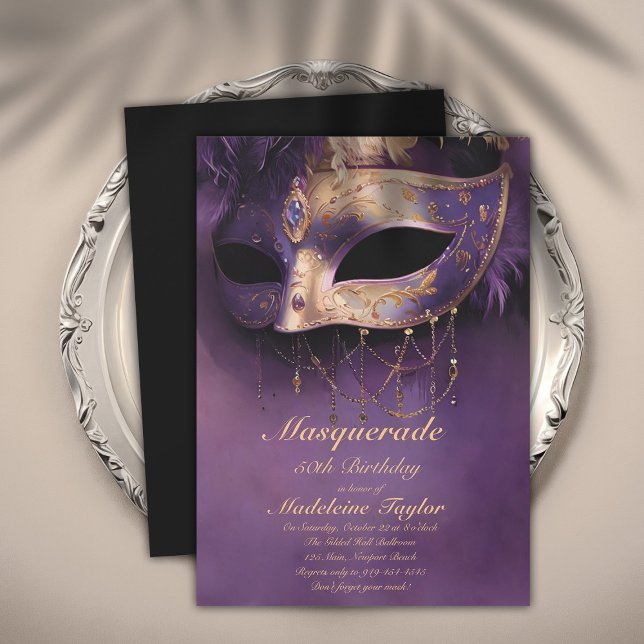 Masquerade Purple Gold Venice Mask 50th Birthday Invitation (masquerade 50th birthday party invitation glamorous antique gold purple venetian mask elegant modern)