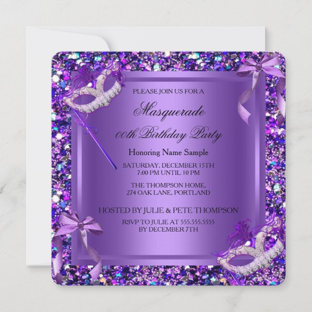 Masquerade Purple Masks Glitter Birthday Party Invitation (Front)