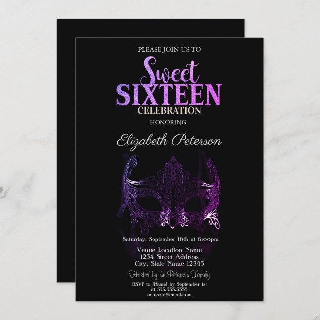 Masquerade,Purple Masque Sweet 16 Invitation (Front/Back)