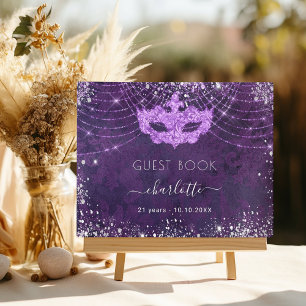 Masquerade purple silver glitter dust birthday guest book