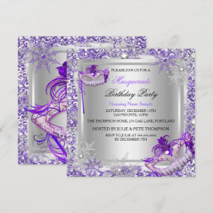 Masquerade Purple Silver Snowflakes Masks Party Invitation