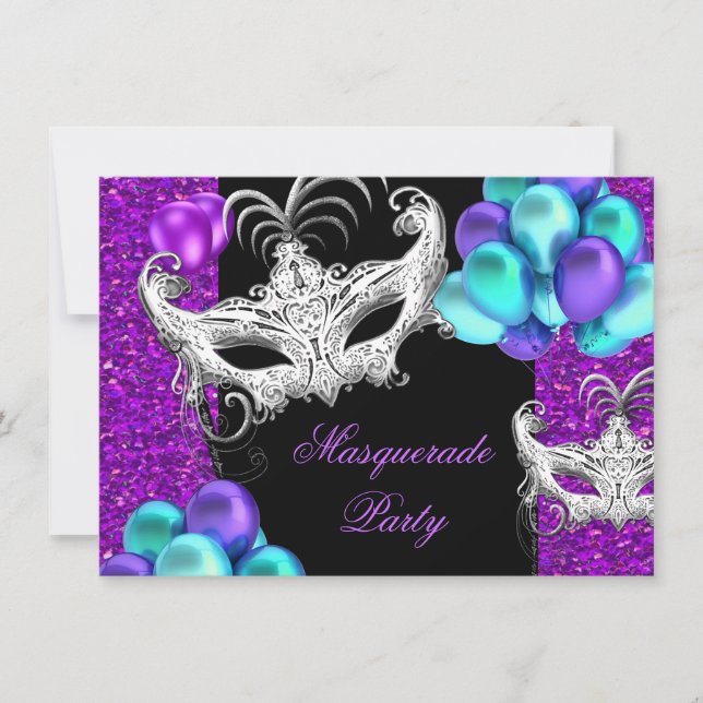 Masquerade Purple Teal Blue Glitter Party Invitation (Front)