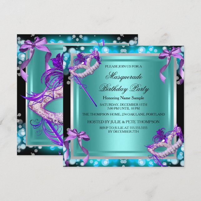 Masquerade Purple Teal Masks Birthday Party Invitation (Front/Back)