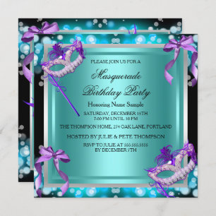 Masquerade Purple Teal Masks Birthday Party Invitation