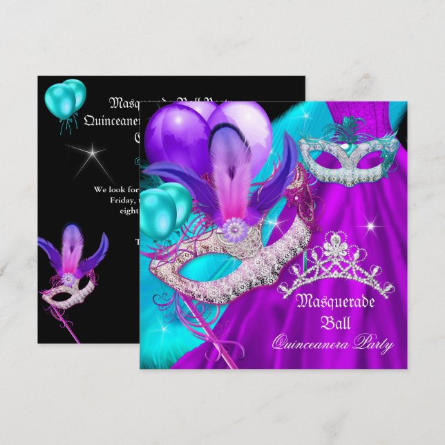 Masquerade Quinceanera 15 Party Masks Teal Purple Invitation (Front/Back)