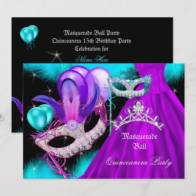 Masquerade Quinceanera 15 Party Teal Purple Invitation (Front/Back)