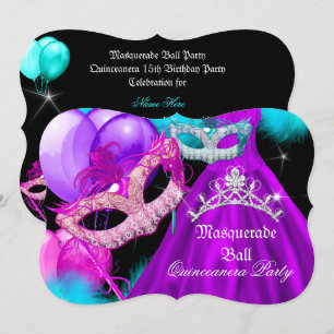 Masquerade Quinceanera 15 Party Teal Purple Pink Invitation