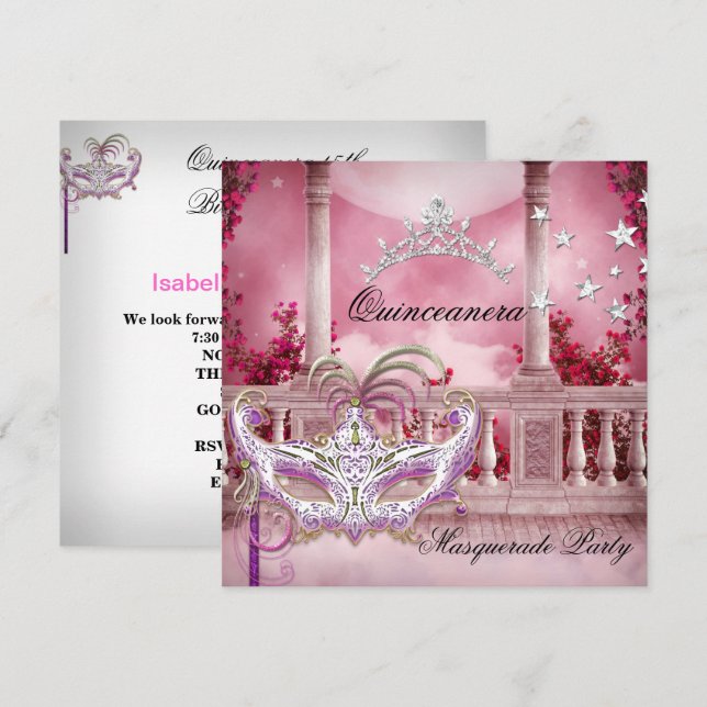 Masquerade Quinceanera 15 Pink Birthday Party Invitation (Front/Back)