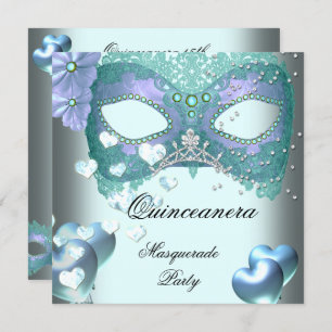 Masquerade Quinceanera 15 Teal Birthday Party Invitation