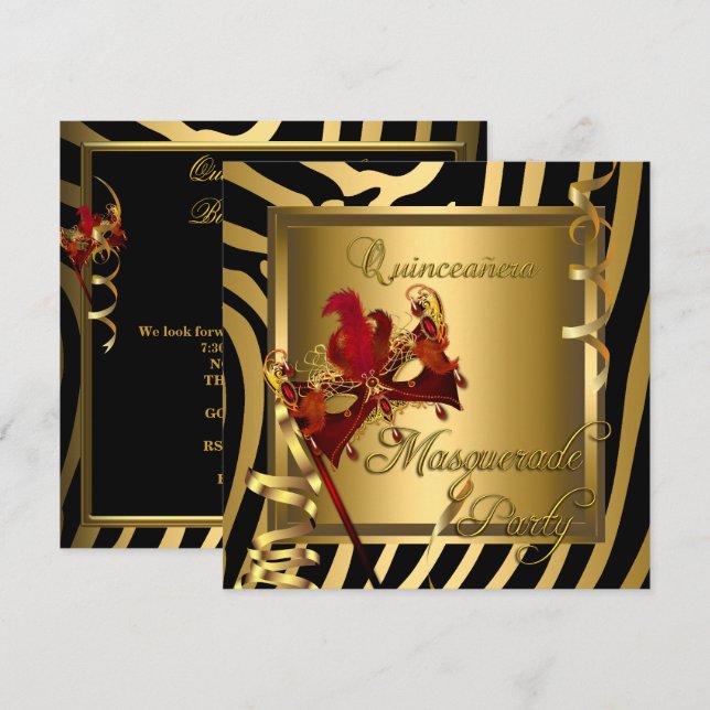Masquerade Quinceanera 15 Zebra Red Birthday Party Invitation (Front/Back)