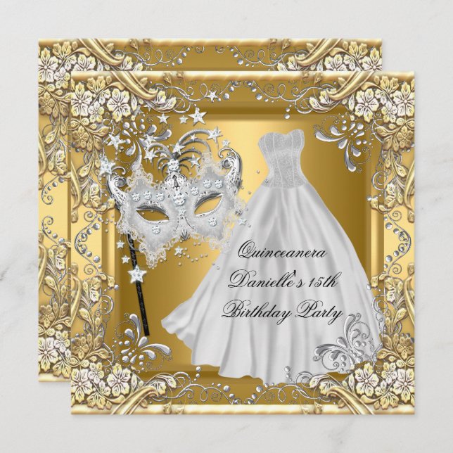 Masquerade Quinceanera 15th Birthday Mask Gold 2 Invitation (Front/Back)
