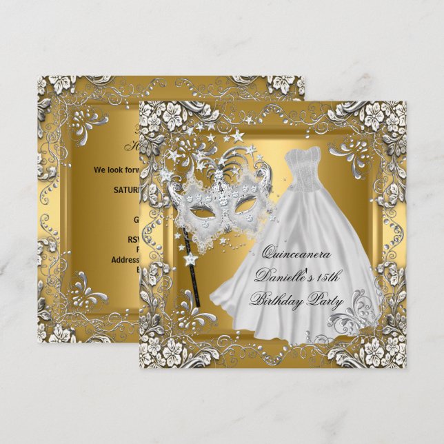 Masquerade Quinceanera 15th Birthday Mask Gold Invitation (Front/Back)