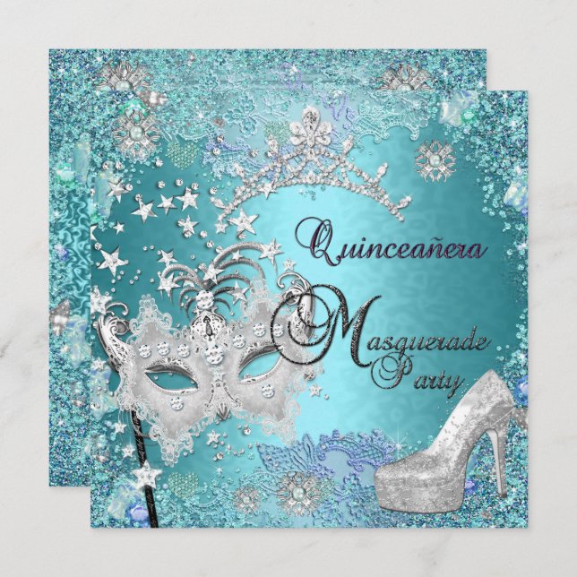 Masquerade Quinceanera 15th Party Blue Tiara Shoe Invitation (Front/Back)