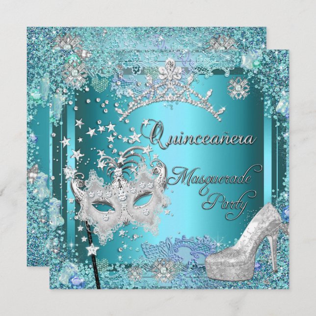 Masquerade Quinceanera 15th Party Blue Tiara Shoe Invitation (Front/Back)