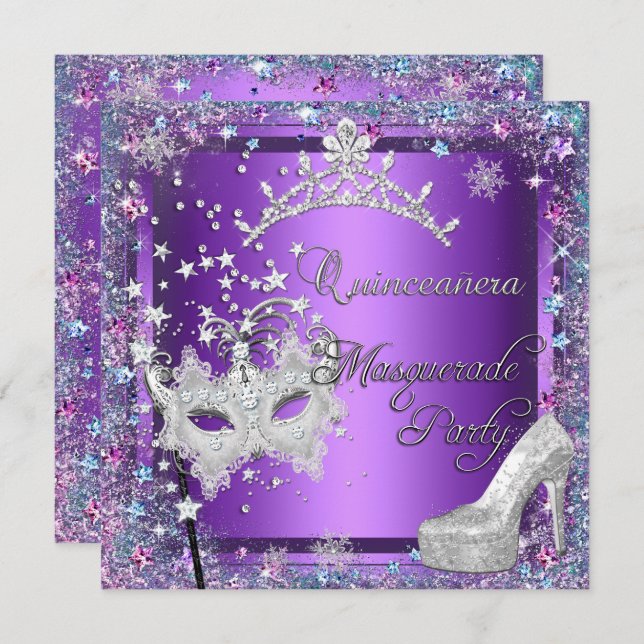 Masquerade Quinceanera 15th Party Purple Tiara Invitation (Front/Back)