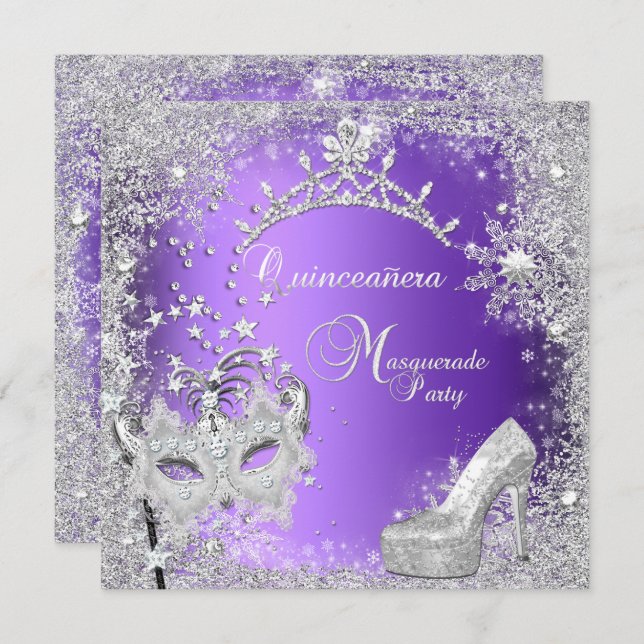 Masquerade Quinceanera 15th Purple Tiara Shoe Invitation (Front/Back)