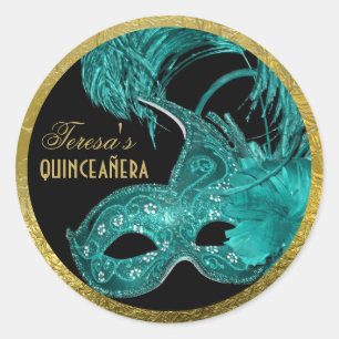 Masquerade quinceañera birthday aqua mask classic round sticker