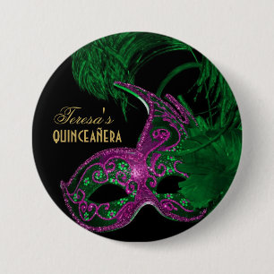 Masquerade quinceañera birthday green, pink mask 7.5 cm round badge