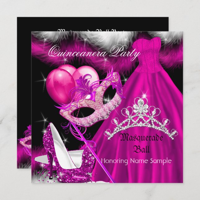Masquerade Quinceanera Birthday Party Pink 3 Invitation (Front/Back)
