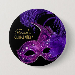 Masquerade quinceañera birthday pink, purple mask 7.5 cm round badge