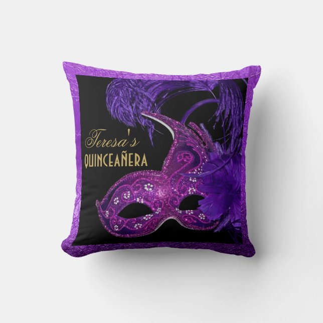 Masquerade quinceañera birthday pink, purple mask cushion (Front)