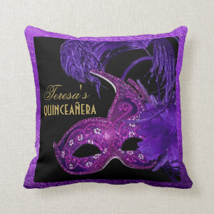 Masquerade quinceañera birthday pink, purple mask cushion