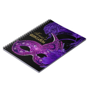 Masquerade quinceañera birthday pink, purple mask notebook