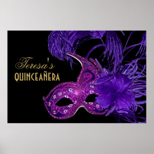 Masquerade quinceañera birthday pink, purple mask poster