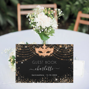 Masquerade Quinceañera black gold glitter dust Guest Book
