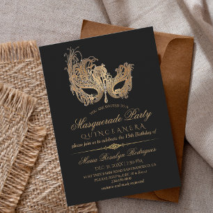 Masquerade Quinceanera Gold & Black  Invitation
