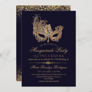  Masquerade Quinceanera Gold & Blue Invitation
