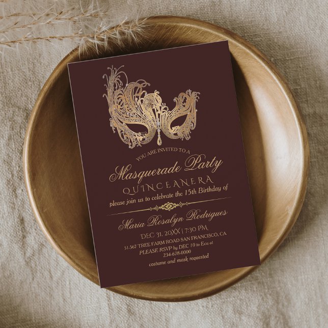  Masquerade Quinceanera Gold & Burgundy Invitation (Creator Uploaded)