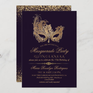  Masquerade Quinceanera Gold & Purple Invitation