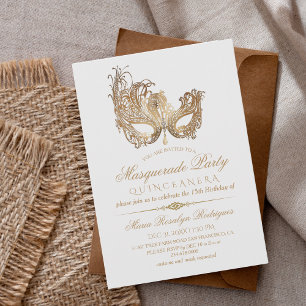  Masquerade Quinceanera Gold & White  Invitation