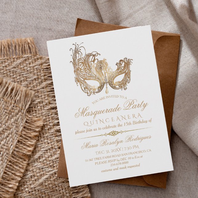  Masquerade Quinceanera Gold & White  Invitation (Creator Uploaded)