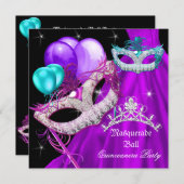 Masquerade Quinceanera Masks Purple Dress Invitation (Front/Back)