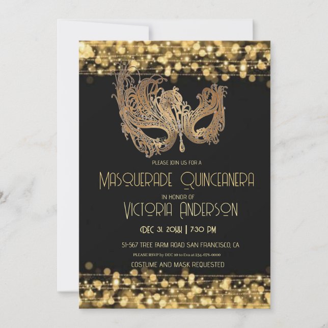  Masquerade Quinceanera Party Birthday Gold Black Invitation (Front)