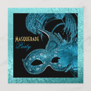 Masquerade quinceañera party blue foil invitation