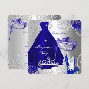 Masquerade Quinceanera Party Blue Silver Dress Invitation