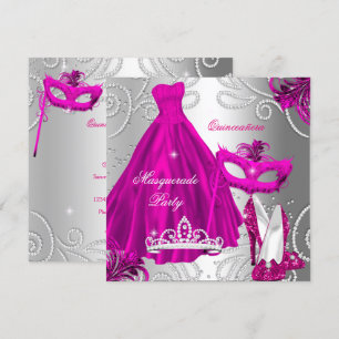Masquerade Quinceanera Party Pink Silver Dress Invitation