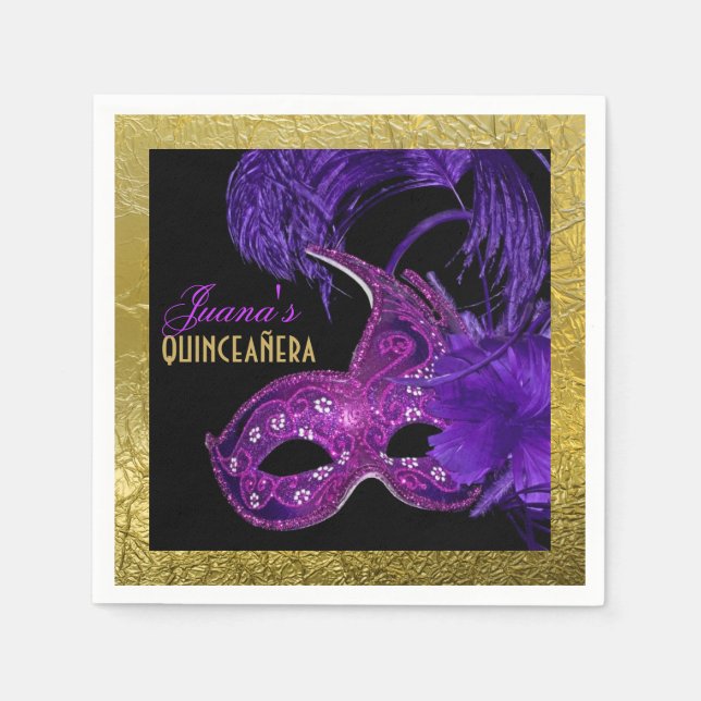 Masquerade Quinceañera party purple faux gold foil Napkin (Front)
