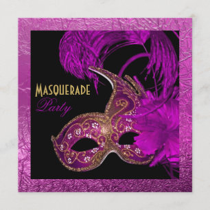 Masquerade quinceañera party purple gold foil invitation