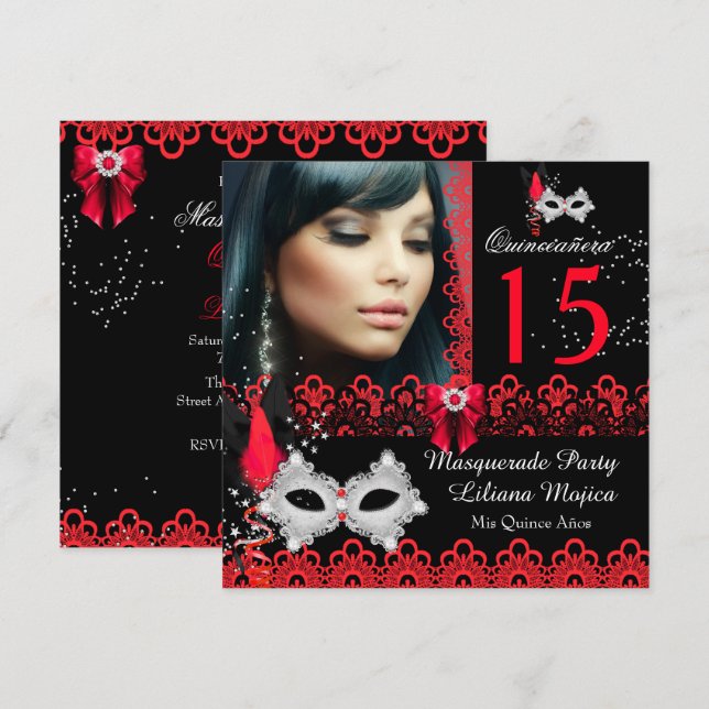 Masquerade Quinceanera Party Red Lace Invitation (Front/Back)