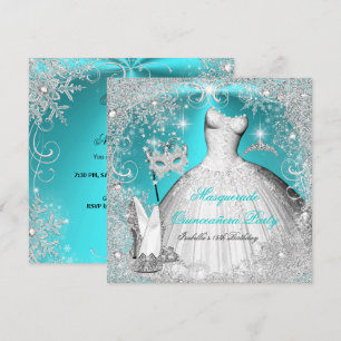 Masquerade Quinceanera Party Teal White Snowflake Invitation