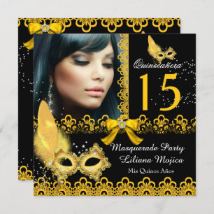 Masquerade Quinceanera Party Yellow Gold Lace Invitation