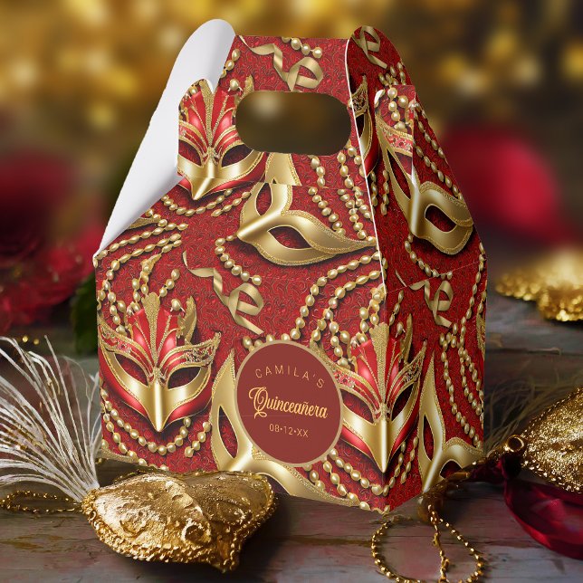 Masquerade Quinceanera Pattern Red Gold ID1031 Favour Box (Creator Uploaded)