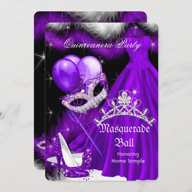 Masquerade Quinceanera Purple Black Feather 2a Invitation (Front/Back)