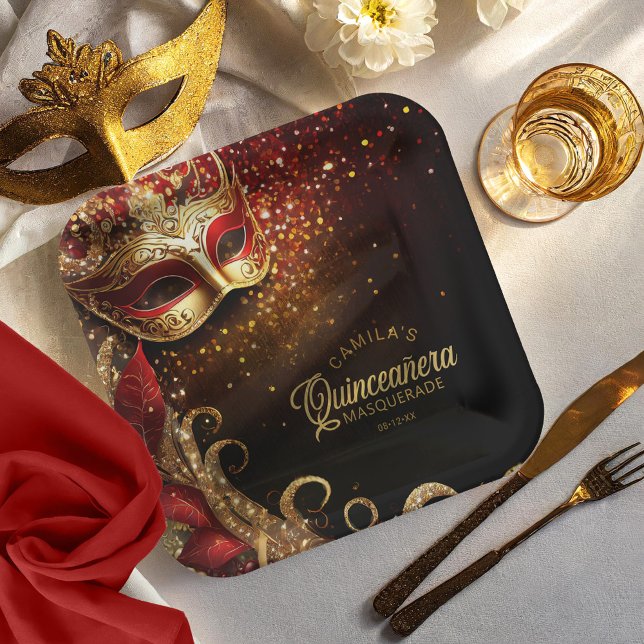 Masquerade Quinceanera Red Gold ID1031 Paper Plate (Creator Uploaded)